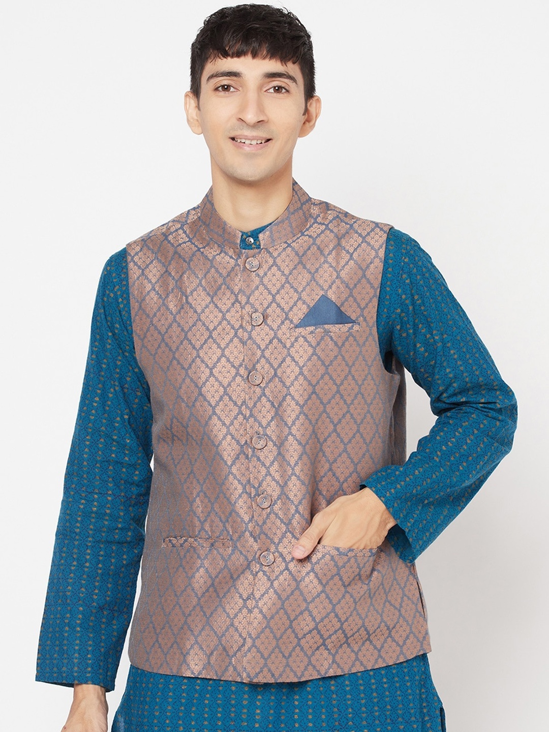 

Fabindia Men Grey & Bronze-Toned Woven-Design Nehru Jacket