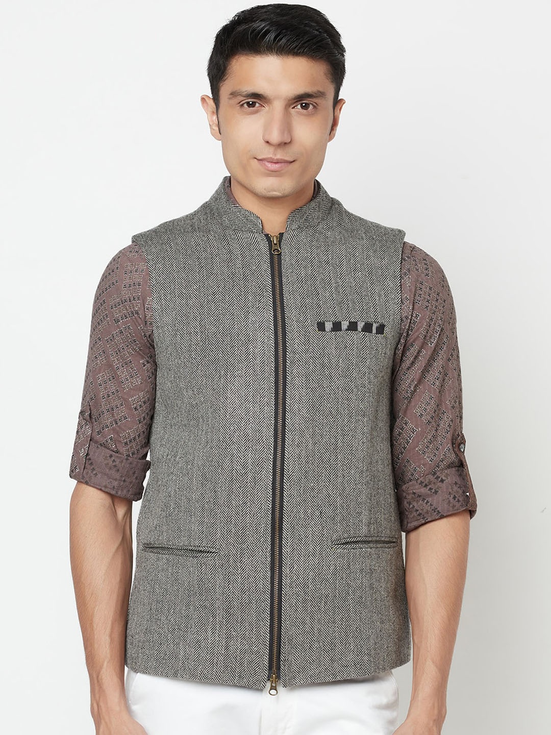 

Fabindia Men Black & White Woven Design Pure Wool Nehru Jacket