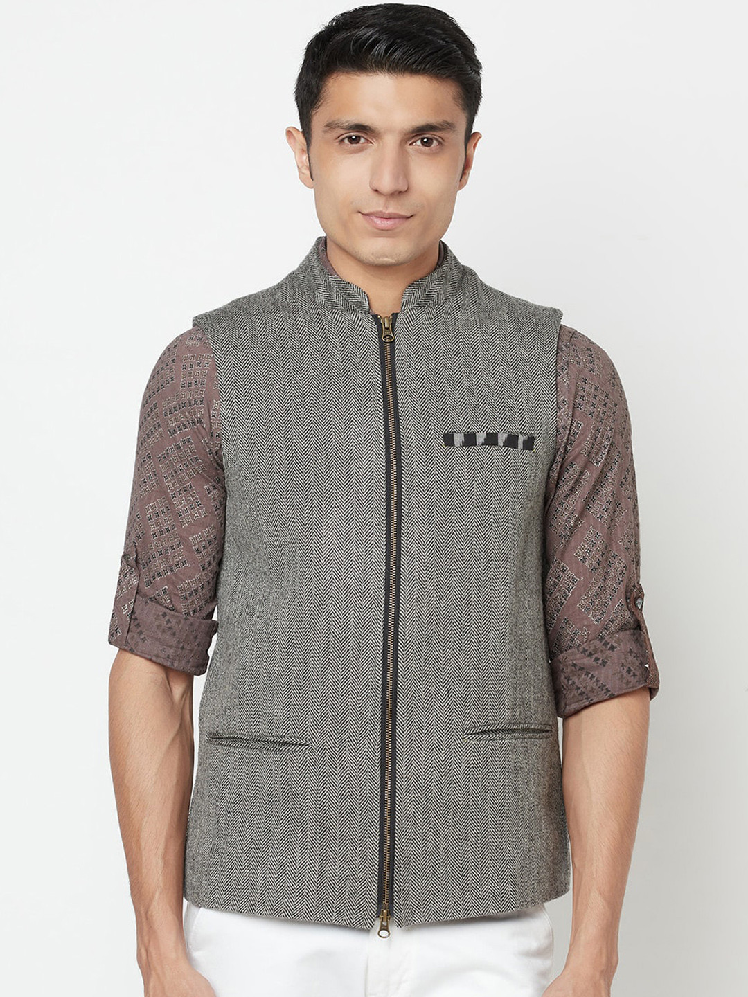 

Fabindia Men Grey & Black Self-Design Woven Nehru Jacket