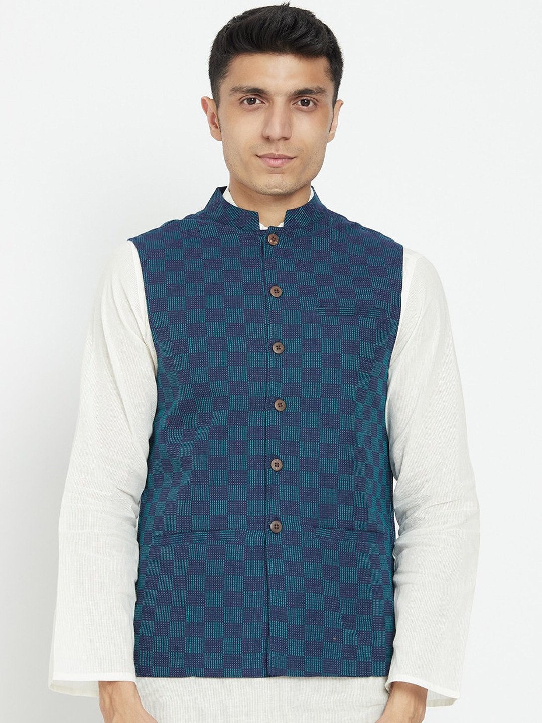 

Fabindia Men Blue Woven-Design Cotton Nehru Jacket
