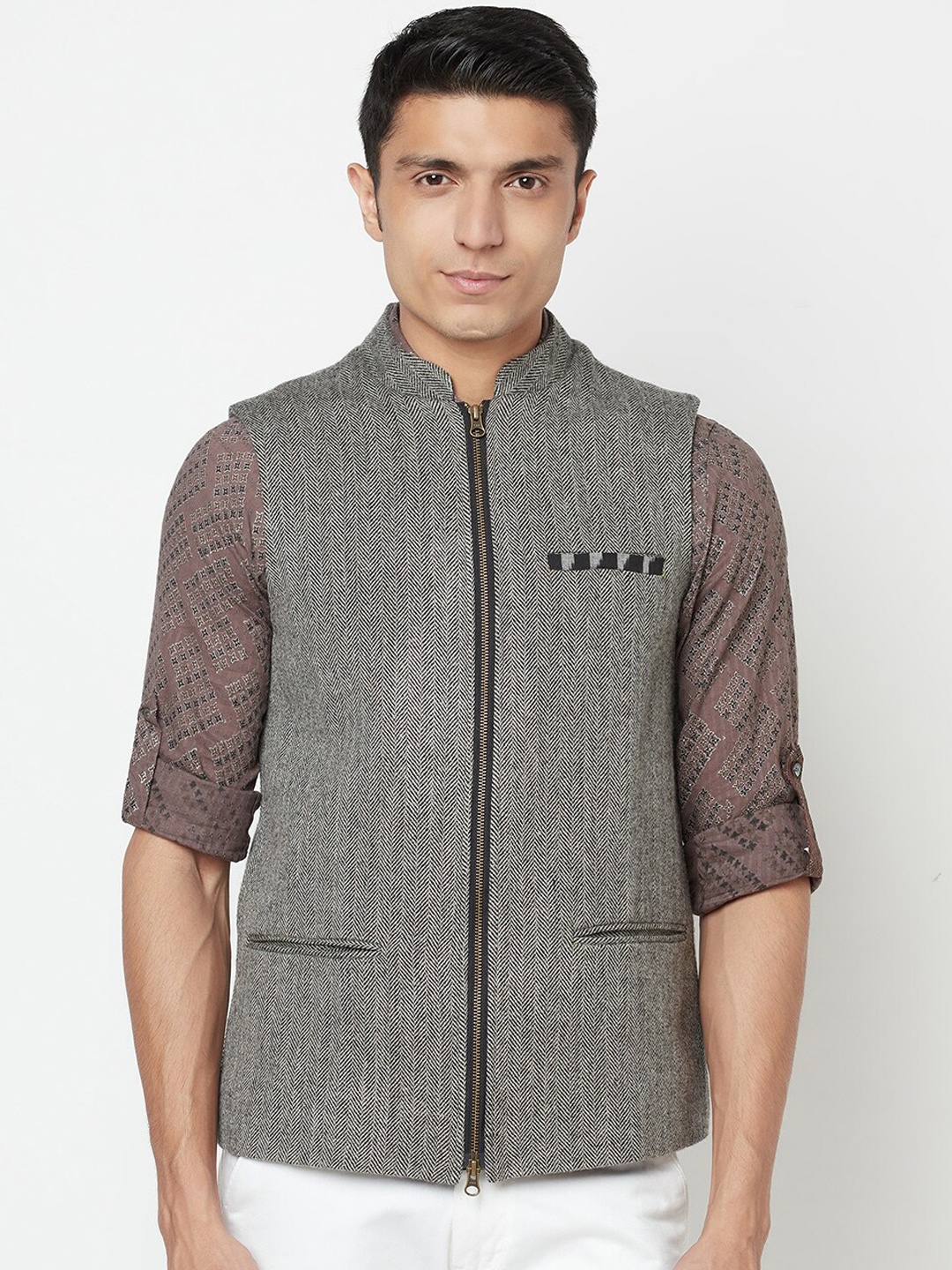 

Fabindia Men Black & White Woven-Design Pure Wool Nehru Jacket
