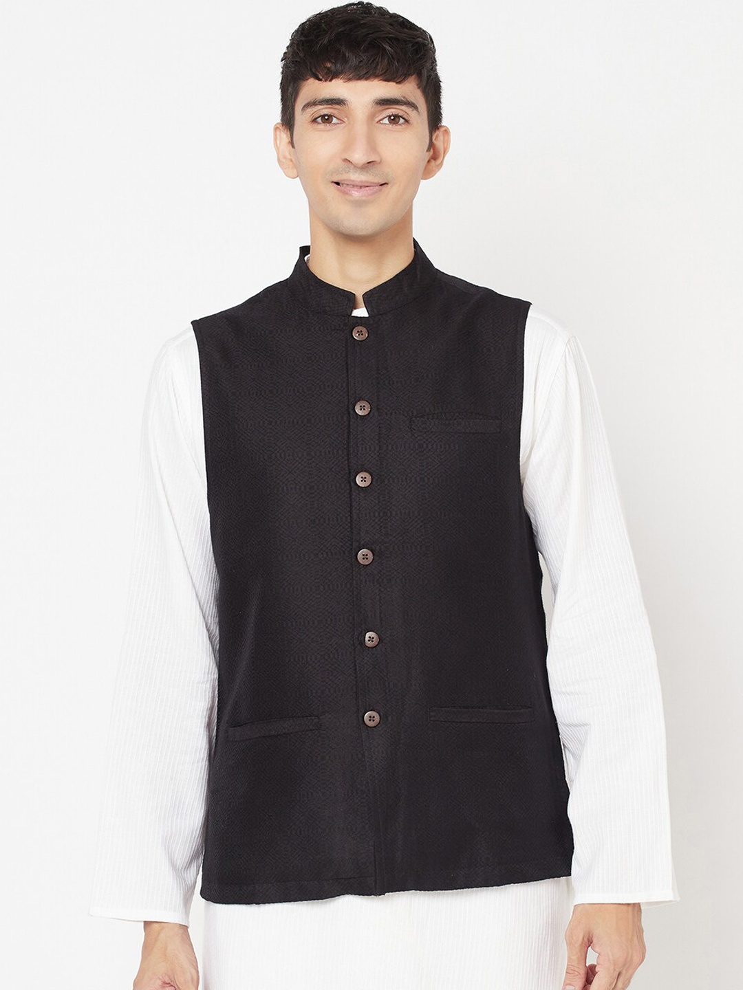 

Fabindia Men Black Woven Design Nehru Jacket