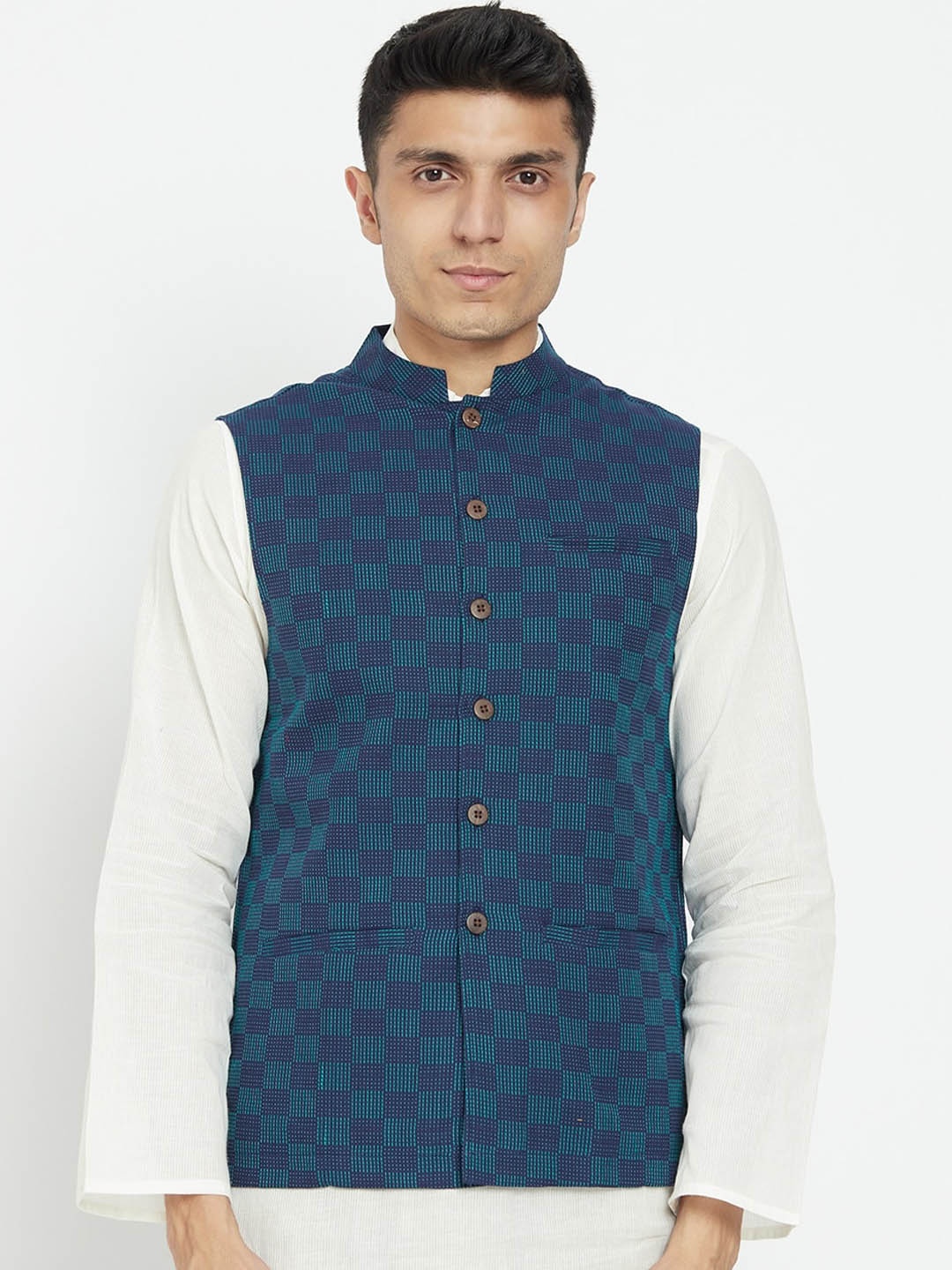 

Fabindia Men Blue Checked Cotton Nehru Jacket