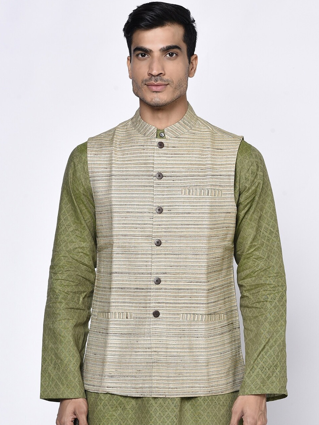 

Fabindia Men Beige Striped Silk Woven Nehru Jacket