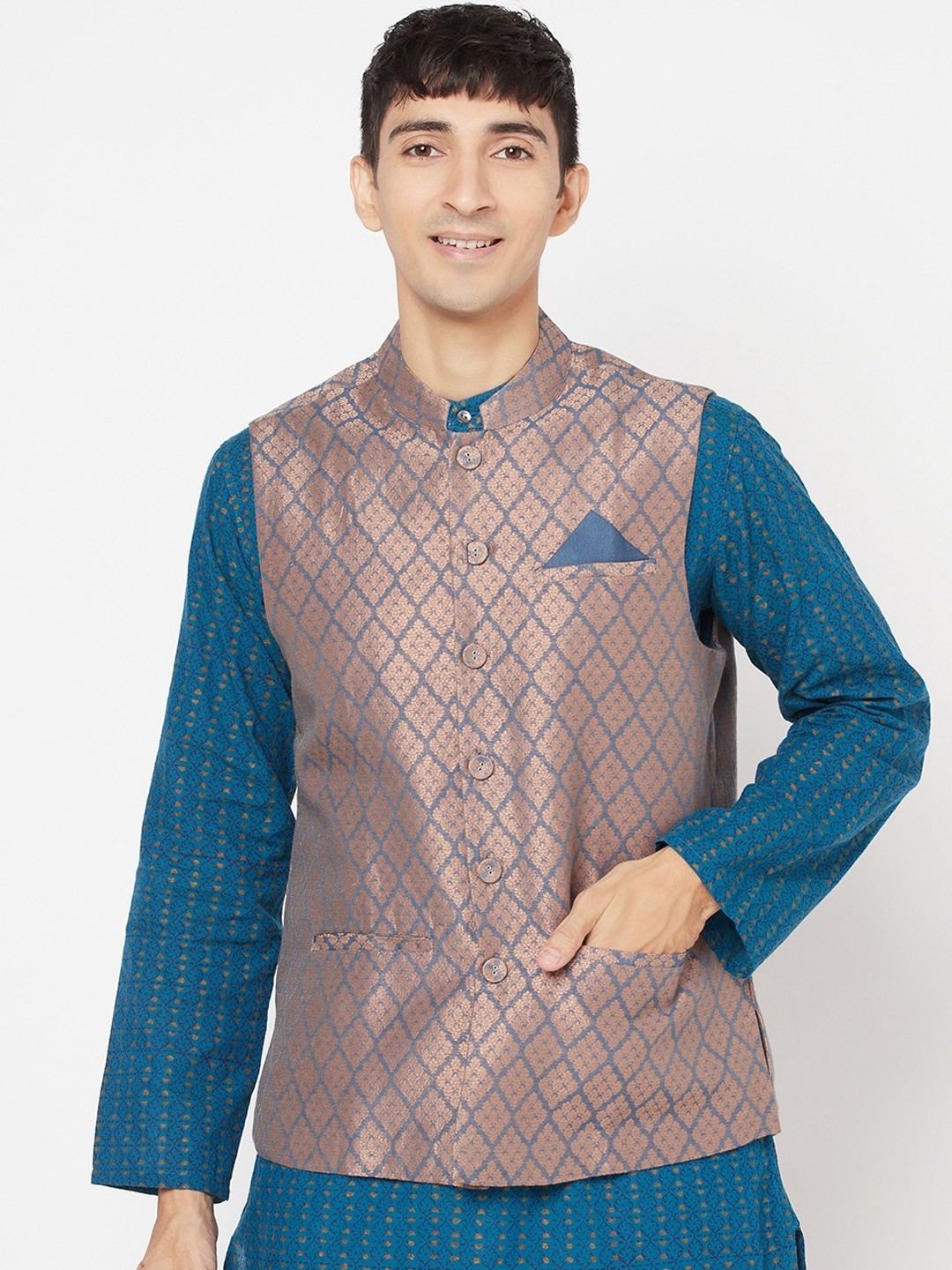 

Fabindia Men Pink & Blue Woven Design Nehru Jacket