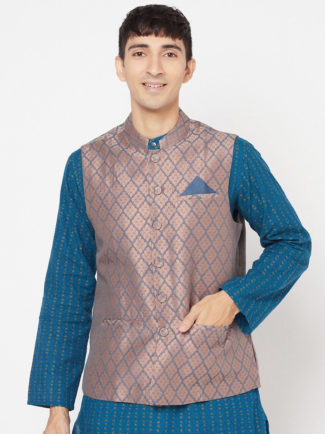 

Fabindia Men Blue & Beige Brocade Woven-Design Nehru Jacket