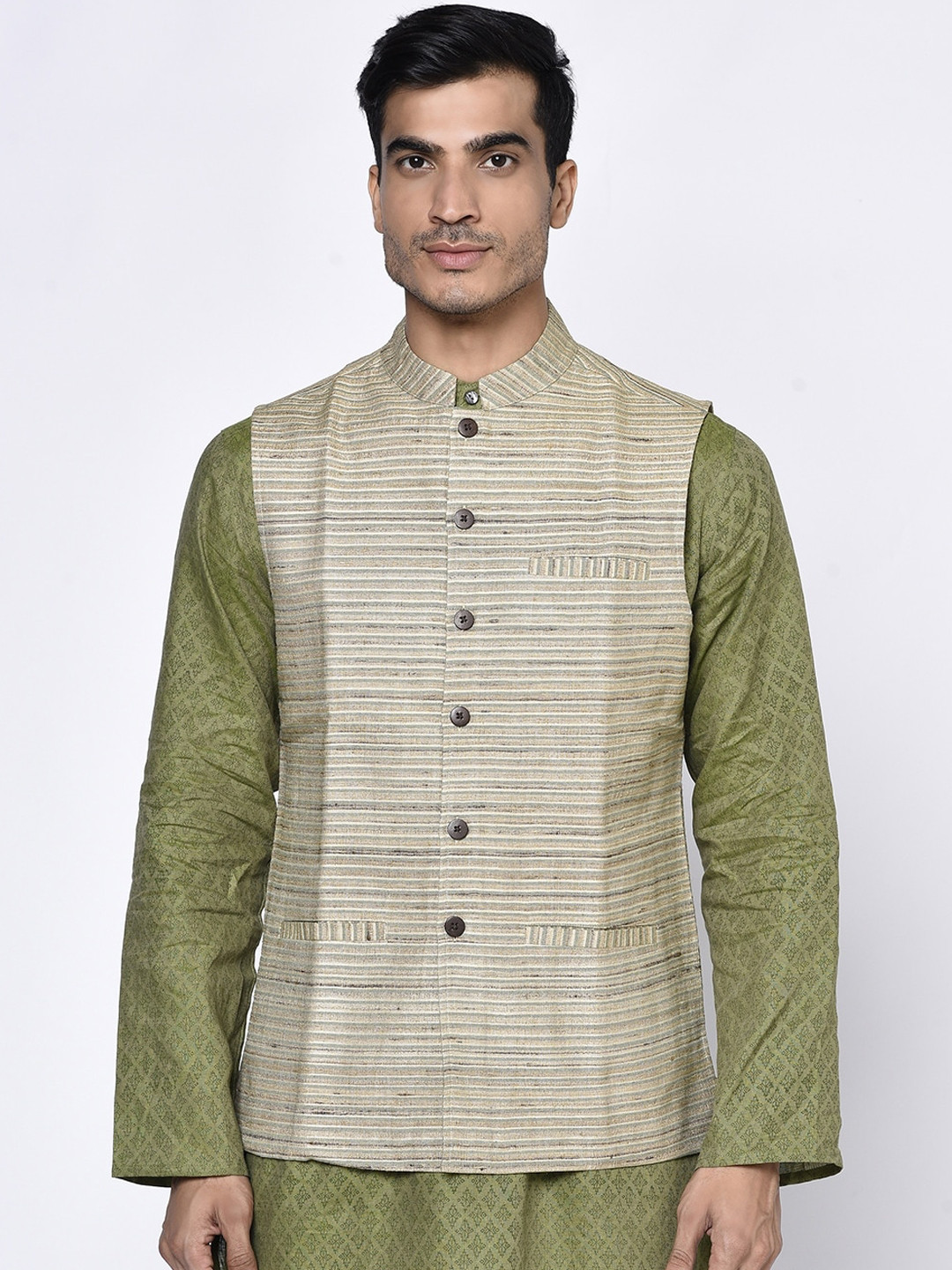 

Fabindia Men Beige Striped Silk Woven Nehru Jacket