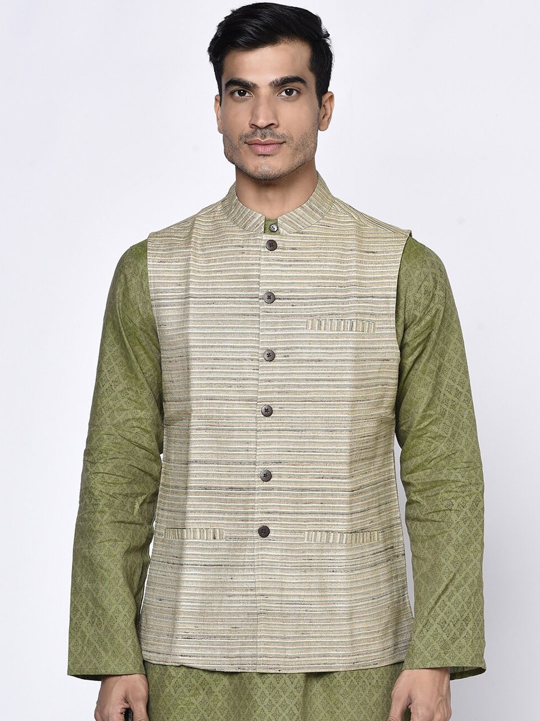 

Fabindia Men Beige & Grey Striped Pure Silk Nehru Jacket