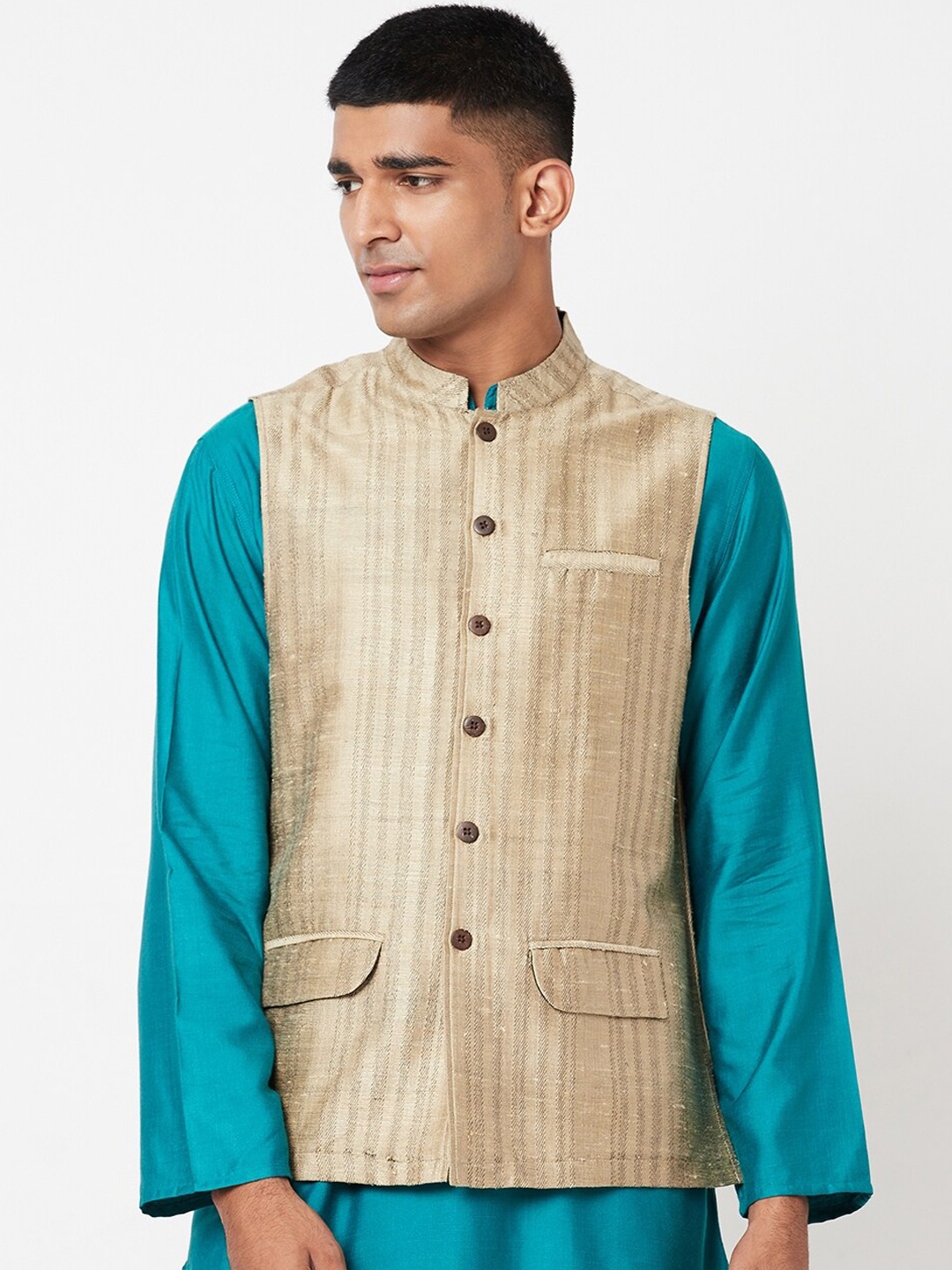 

Fabindia Men Beige & Grey Striped Woven Nehru Jacket