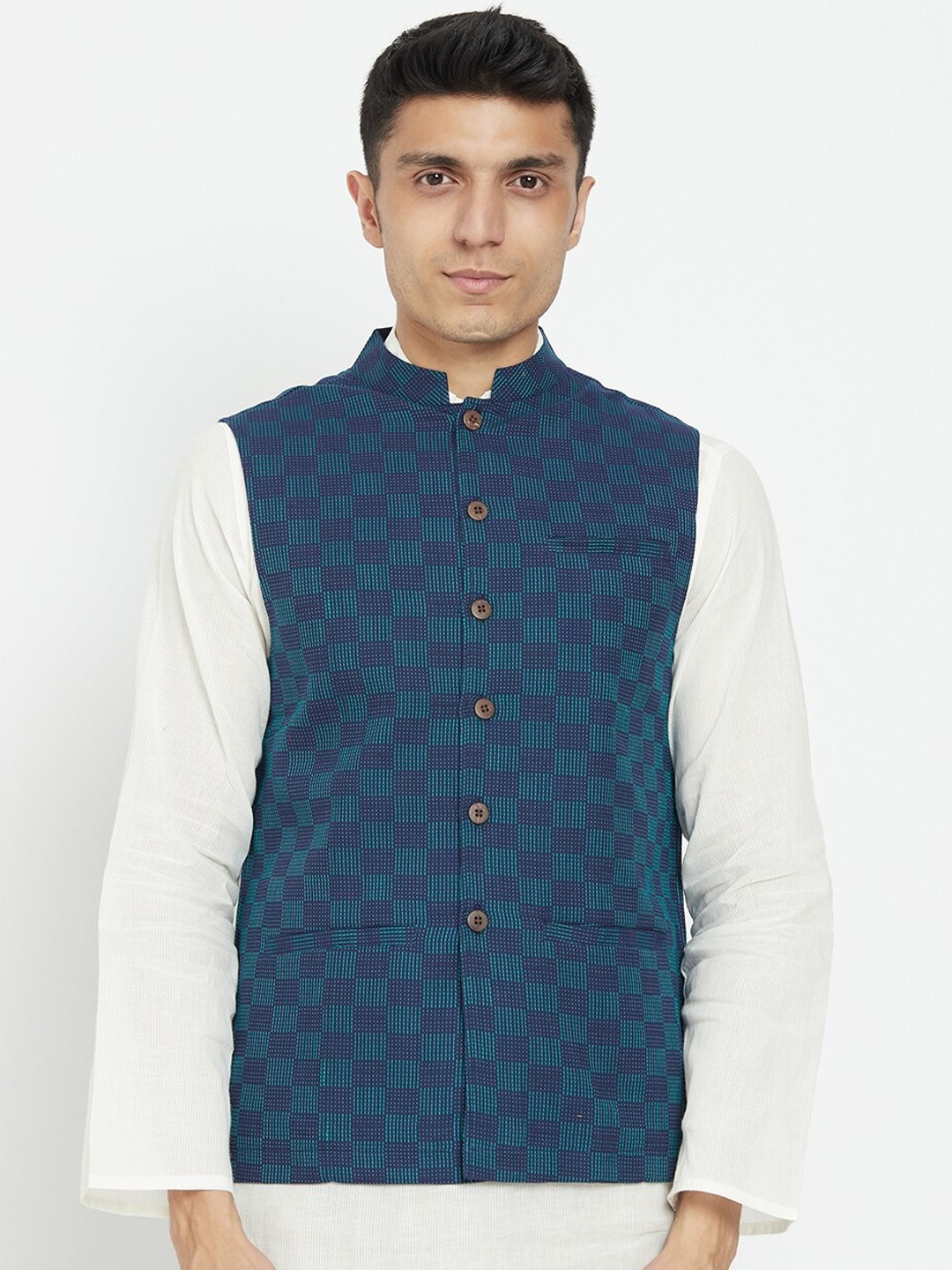 

Fabindia Men Blue Woven-Design Cotton Nehru Jacket