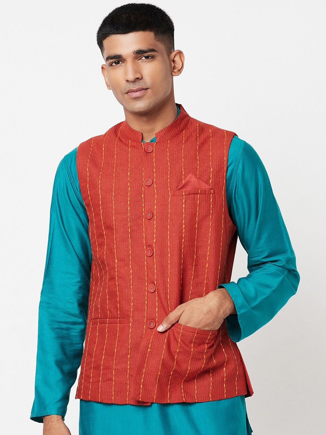 

Fabindia Men Red & Yellow Striped Dobby Nehru Jacket