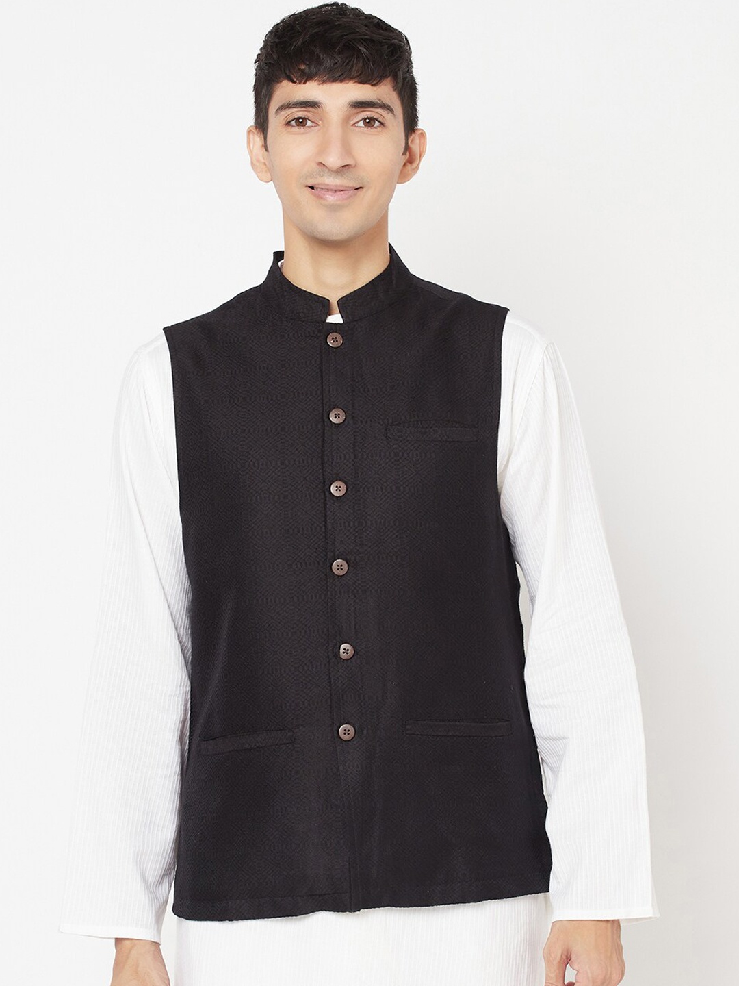 

Fabindia Men Black Woven Design Nehru Jacket