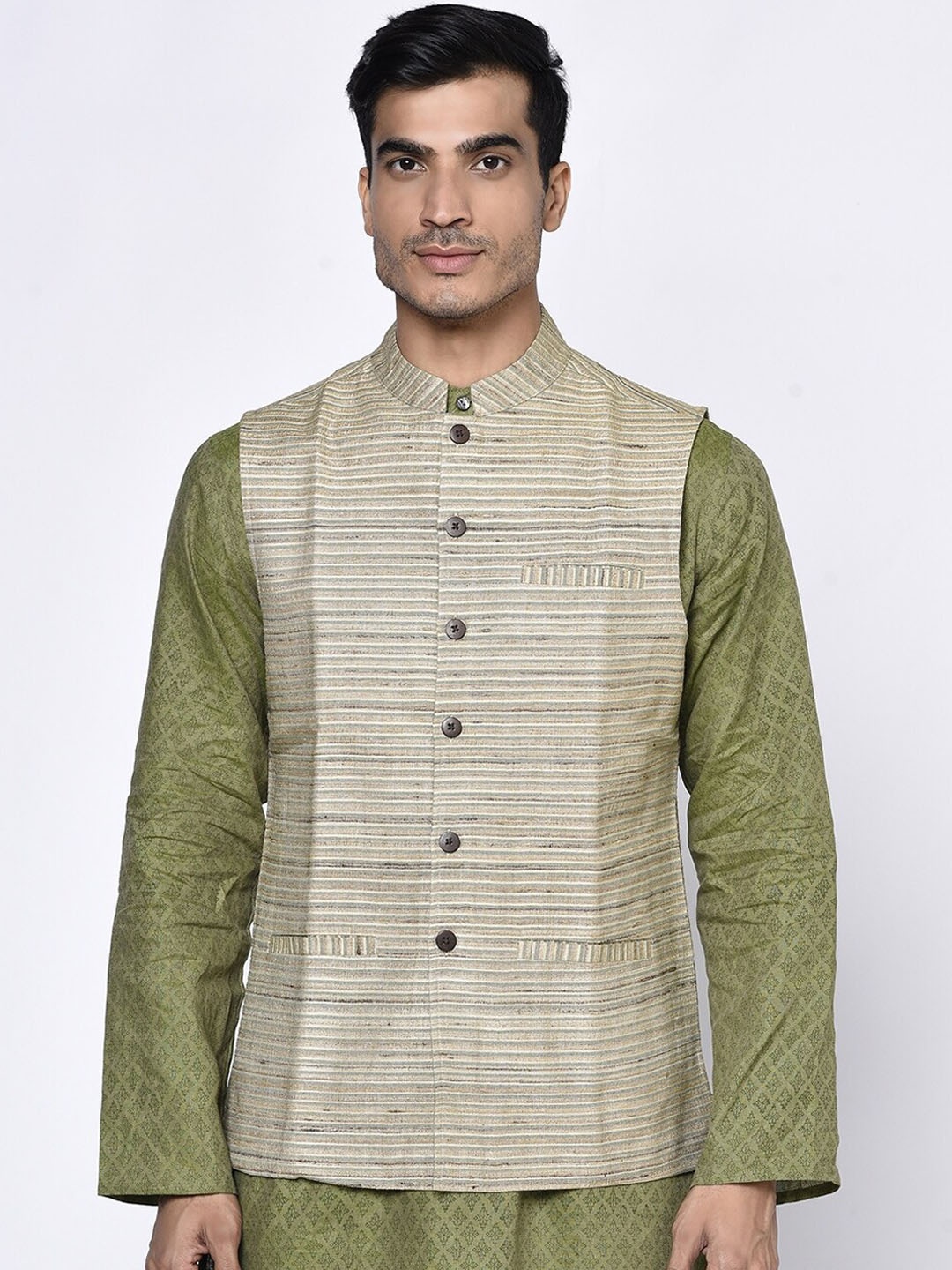 

Fabindia Men Beige Striped Silk Woven Nehru Jacket