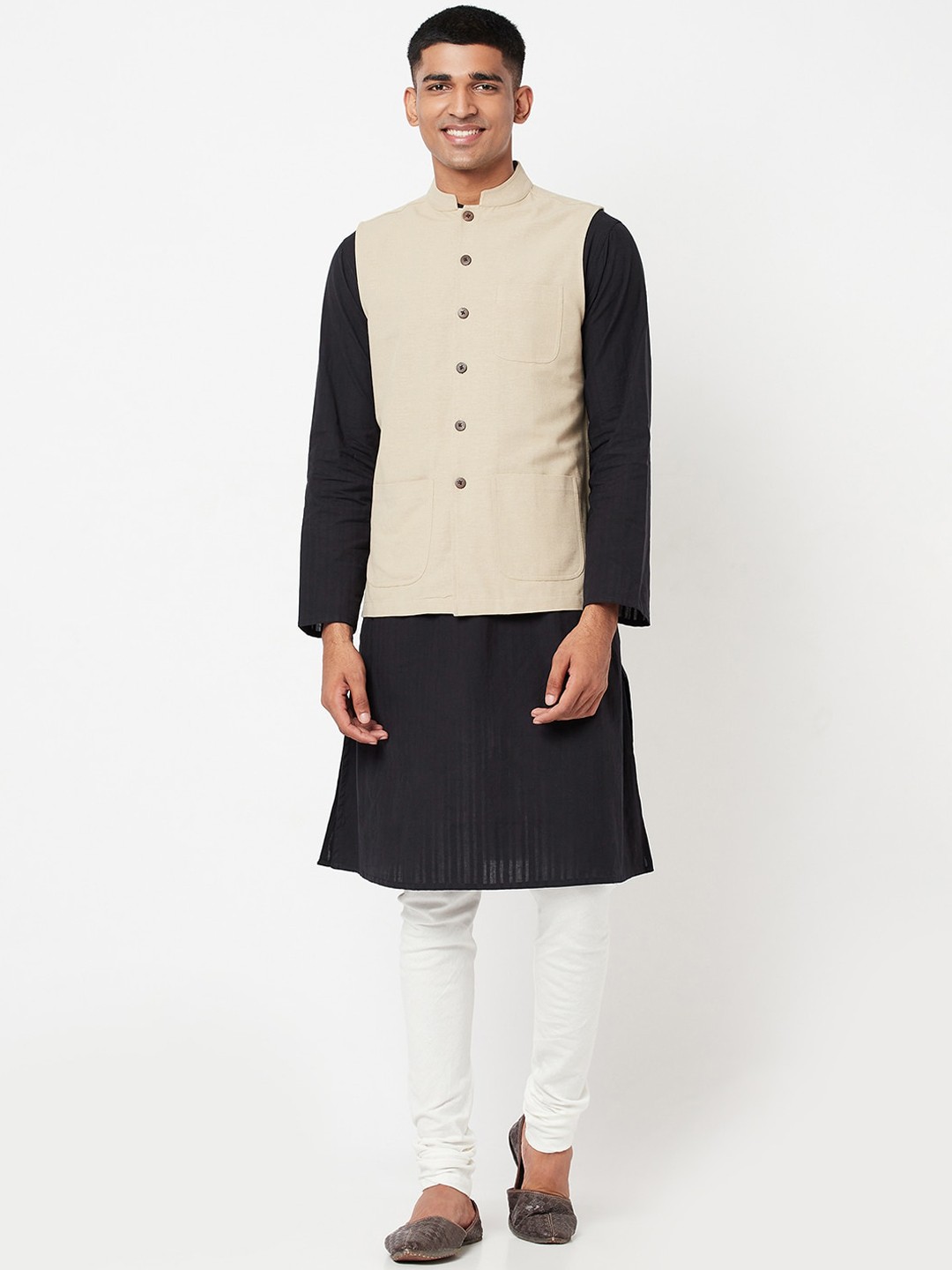 

Fabindia Men Beige Solid Pure Wool Nehru Jacket