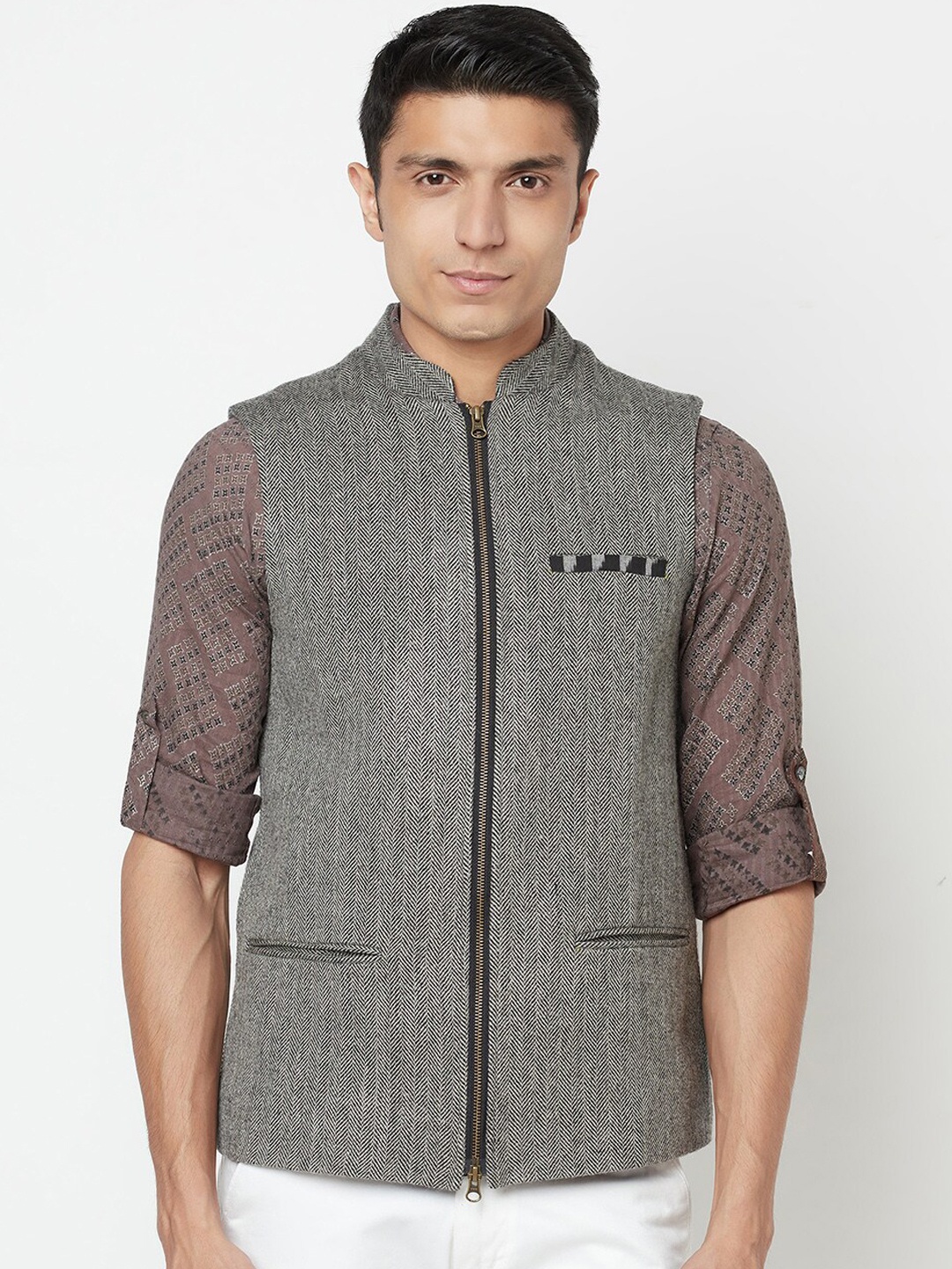 

Fabindia Men Grey & Black Self-Design Woven Nehru Jacket