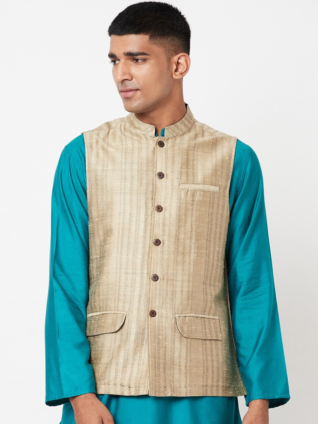 

Fabindia Men Beige Striped Woven Nehru Jacket