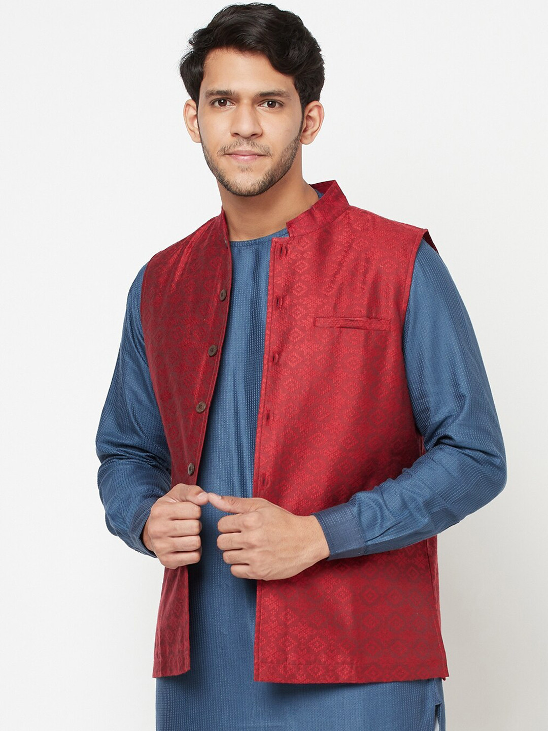 

Fabindia Men Maroon Woven Design Woven Nehru Jacket