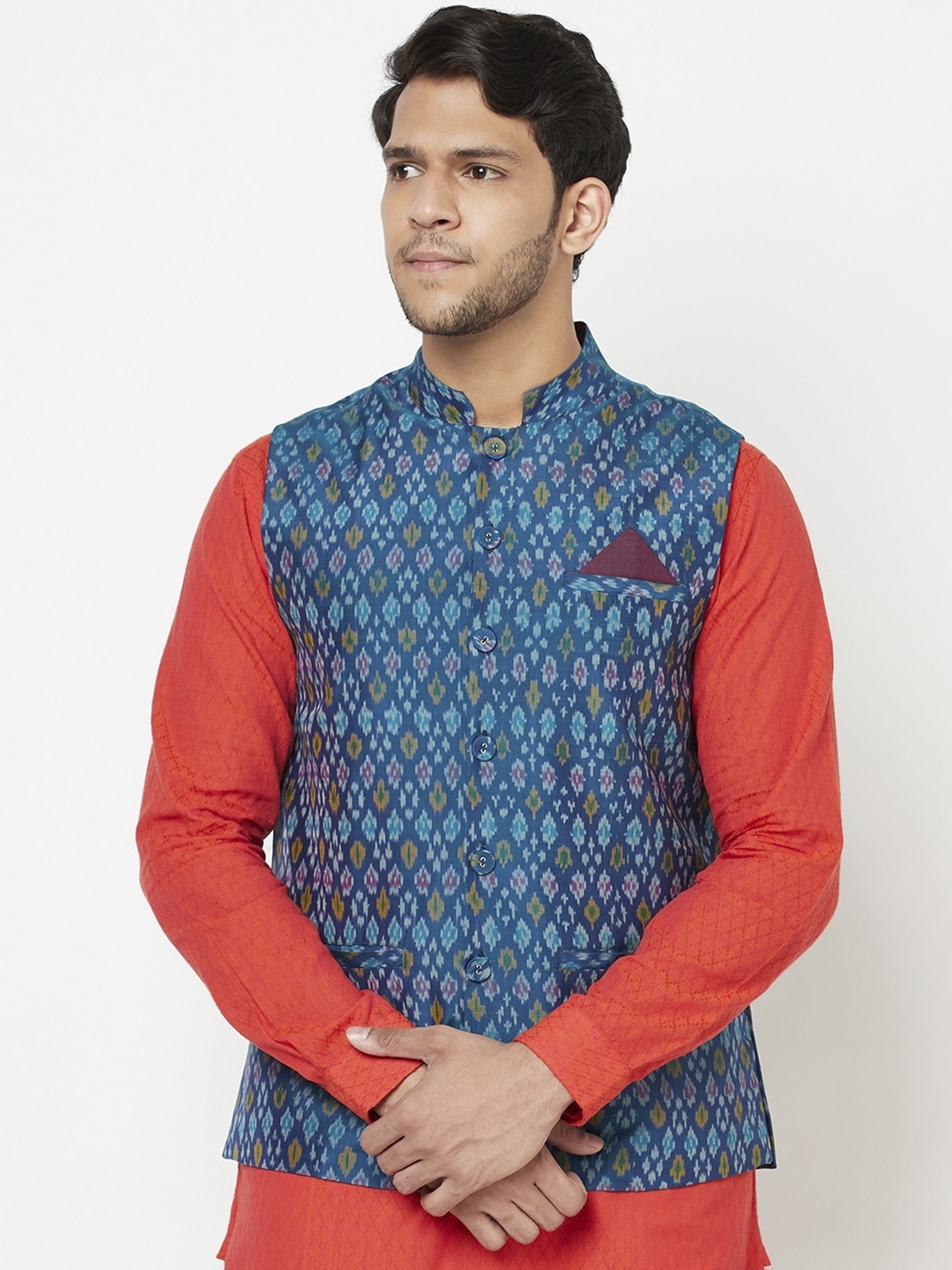 

Fabindia Men Blue & Yellow Woven Design Nehru Jacket