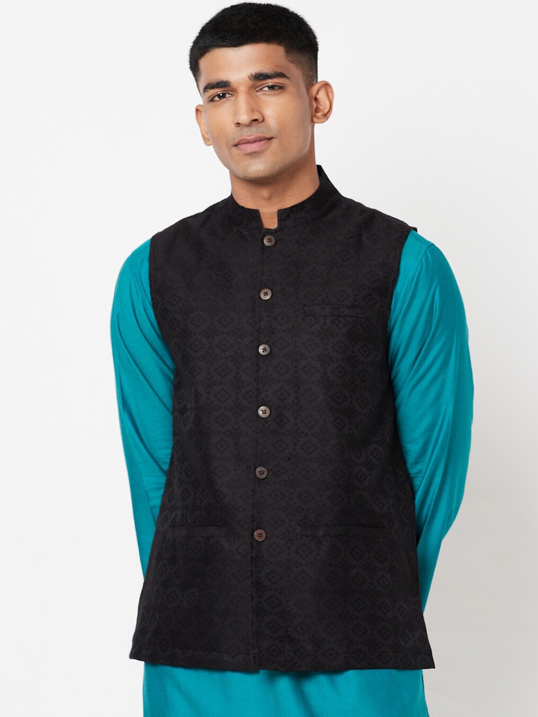 

Fabindia Men Black Woven Design Nehru Jacket