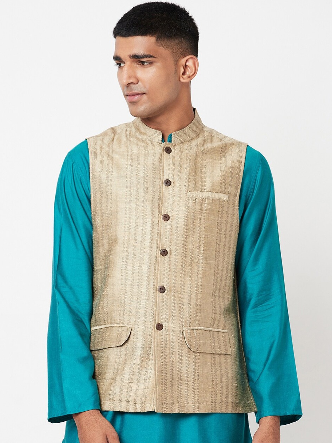 

Fabindia Men Beige Striped Woven Nehru Jacket