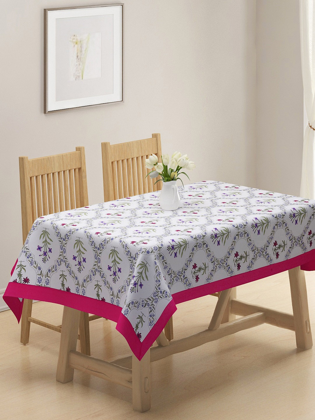 

Rajasthan Decor White & Pink Printed Pure Cotton 6 Seater Table Cover