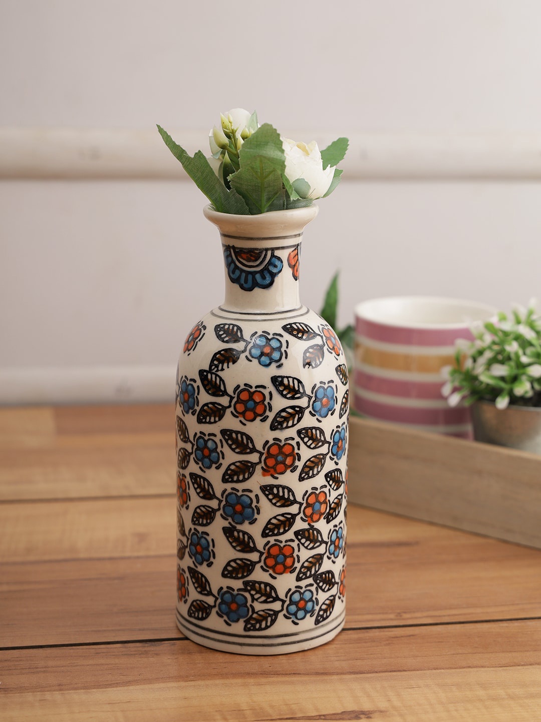 

Aapno Rajasthan Beige & Blue Floral Printed Ceramic Vase
