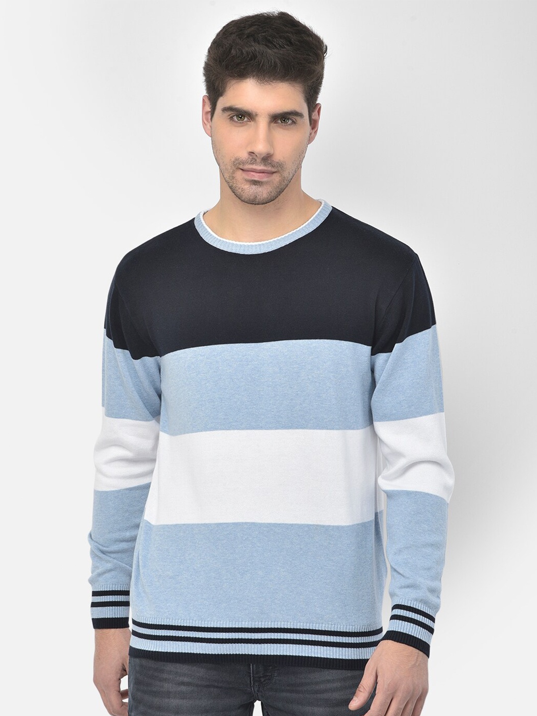 

Richlook Men Navy Blue & White Striped Pullover