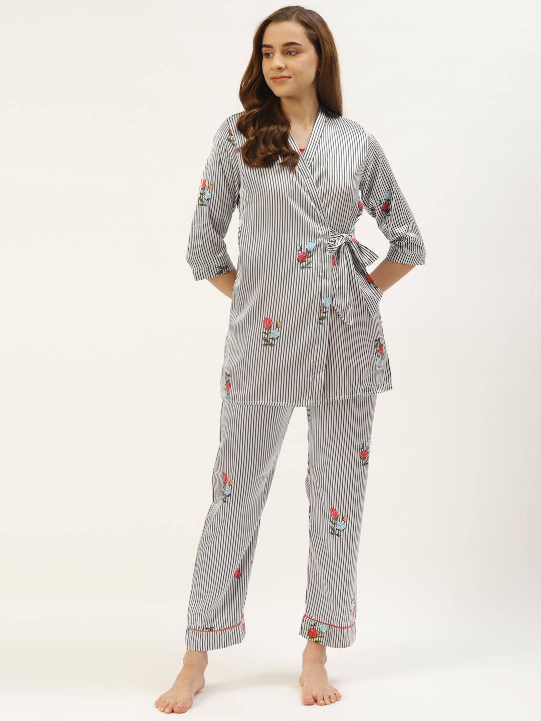 

Sweet Dreams Women White & Black Striped & Floral Print Three-Piece Night suit