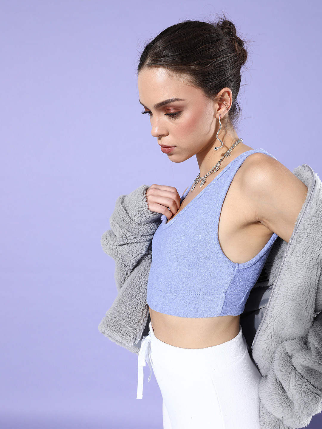

Tokyo Talkies Grey Solid Scoop Neck Bralette Crop Top