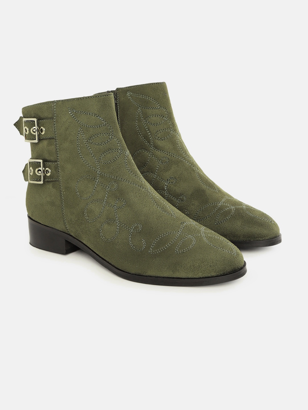 

CORSICA Women Olive Green Suede Finish Embroidered Mid-Top Flat Boots