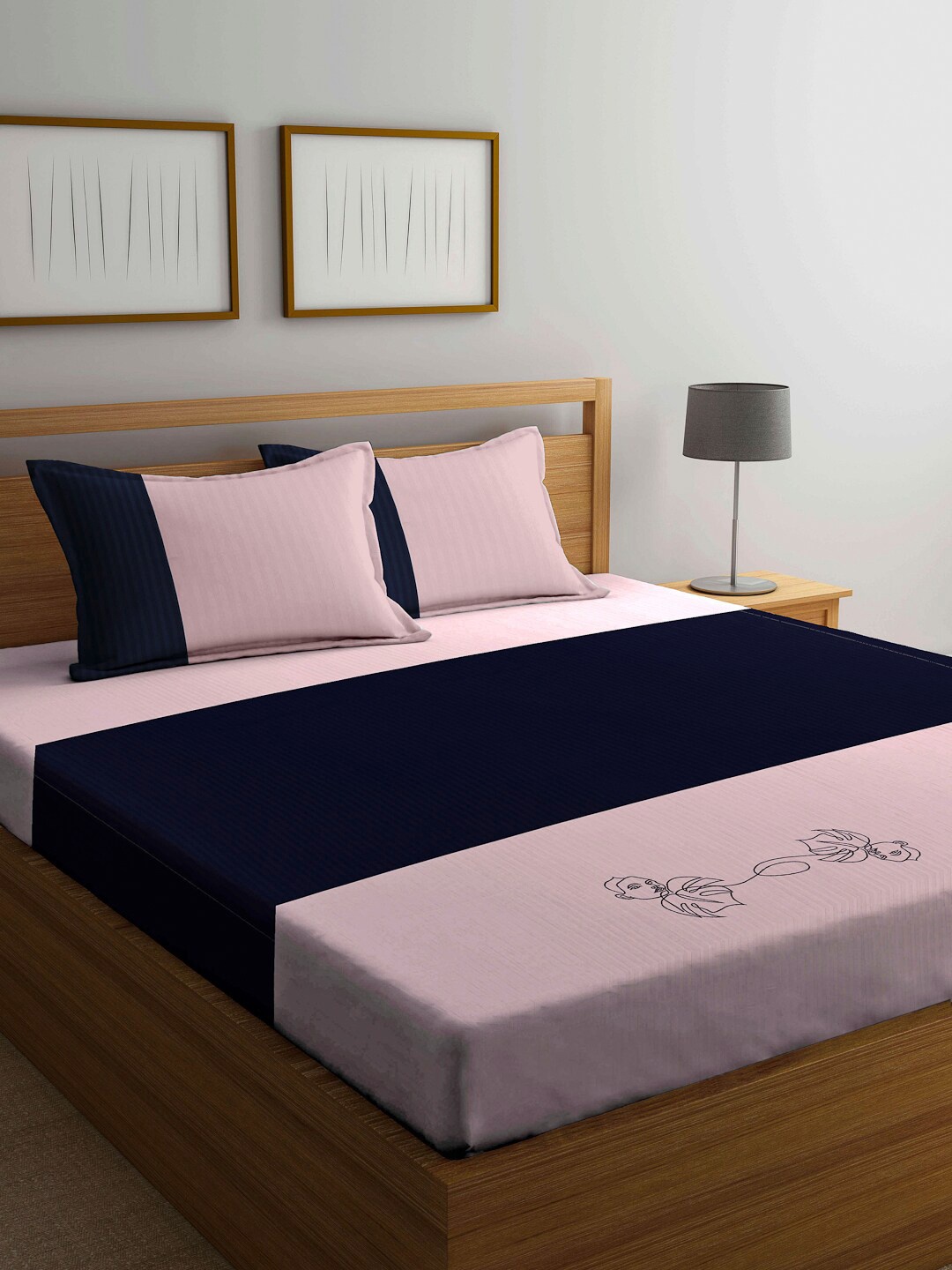 

DECOREALM Pink & Blue 300 TC King Bedsheet with 2 Pillow Covers