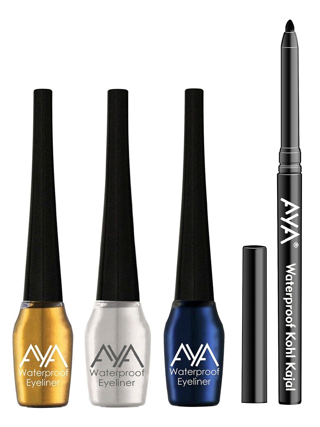 

AYA Set of 4 Waterproof Liquid Eyeliner & Jet black Waterproof Kohl Kajal, Multi