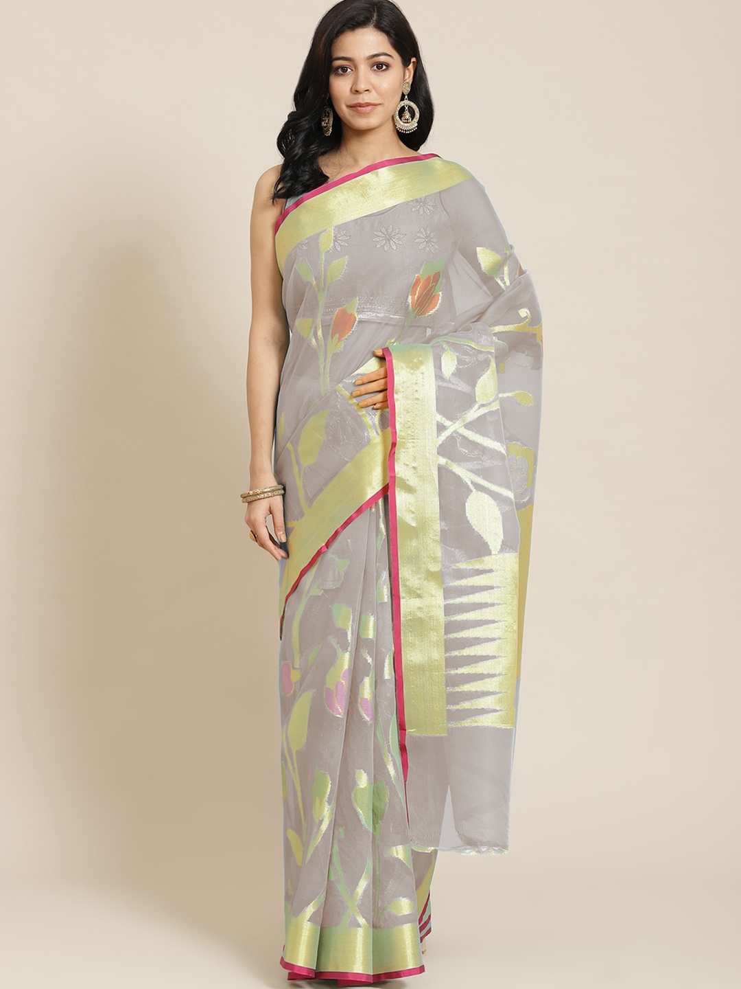 

Chhabra 555 Grey & Green Woven Design Zari Organza Jamdani Saree