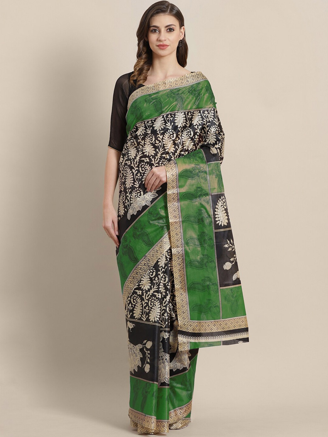 

Chhabra 555 Green & Black Silk Blend Tussar Saree