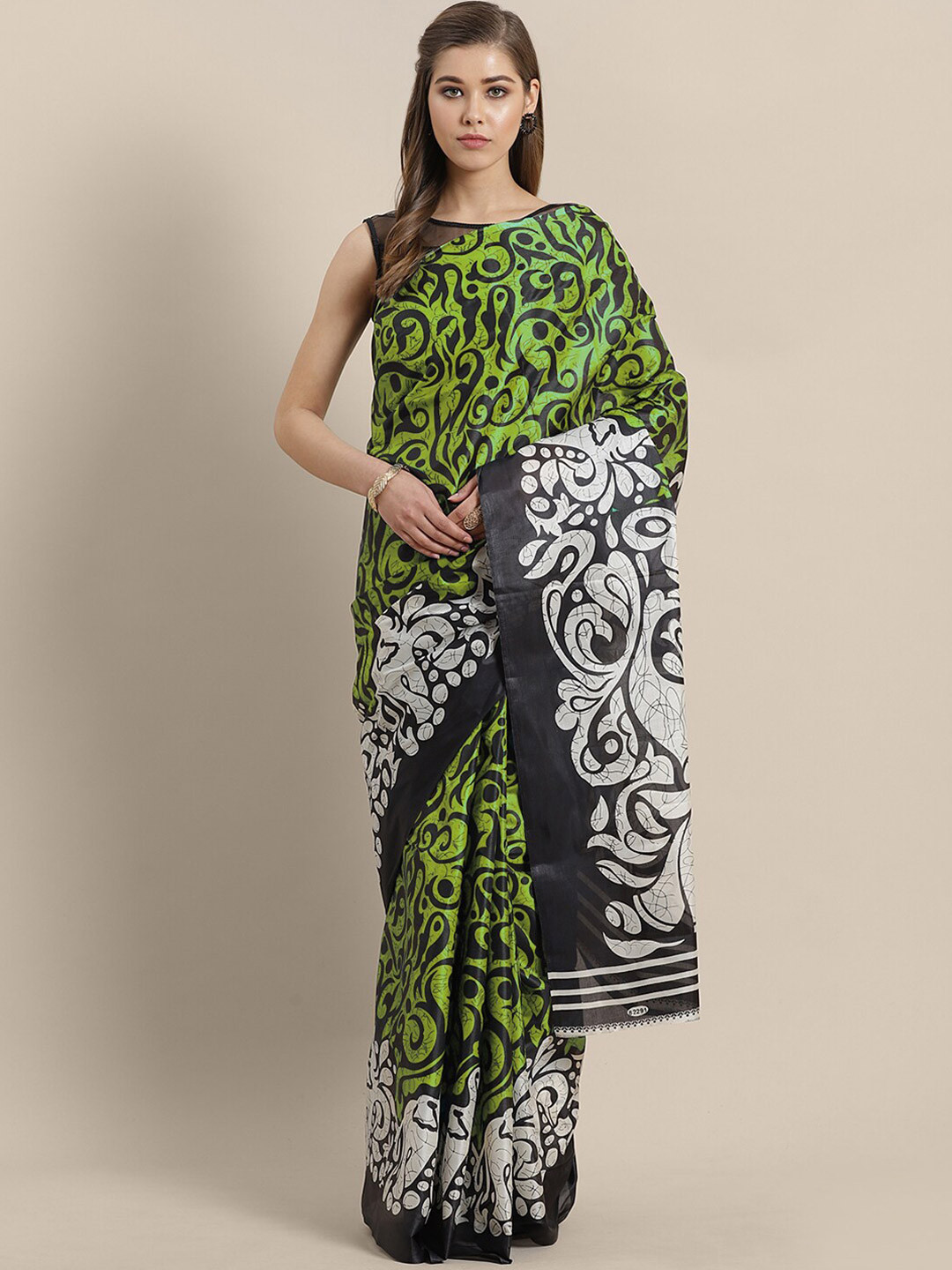 

Chhabra 555 Green & White Printed Silk Blend Tussar Saree