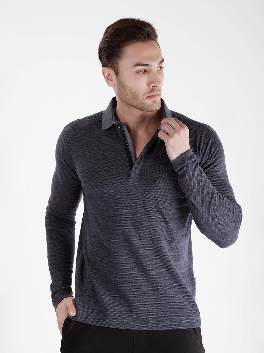

Dream of Glory Inc Men Charcoal Striped Polo Collar Outdoor T-shirt