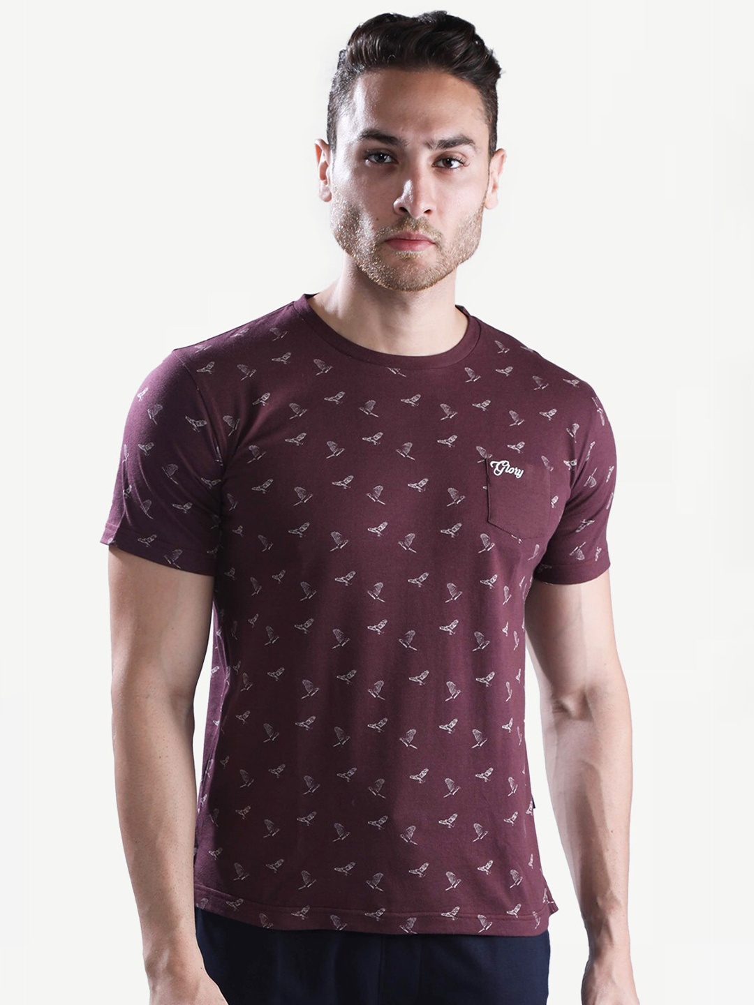 

Dream of Glory Inc Men Burgundy Printed Pure Cotton Polo Collar T-shirt