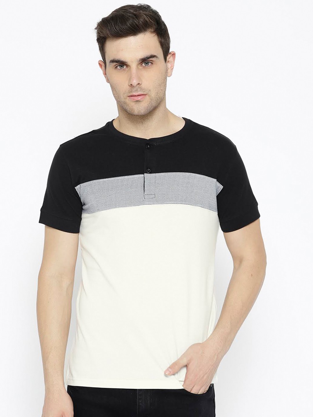 

Dream of Glory Inc Men Black Colourblocked Henley Neck Pockets Outdoor T-shirt