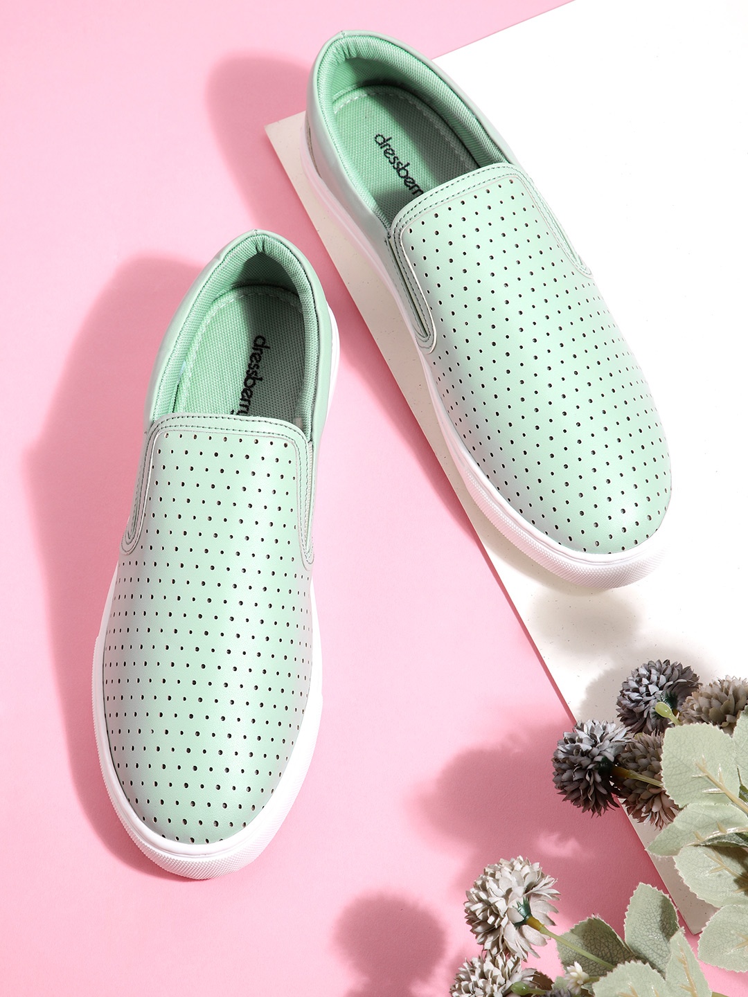 

DressBerry Women Mint Green Perforated Slip-On Sneakers