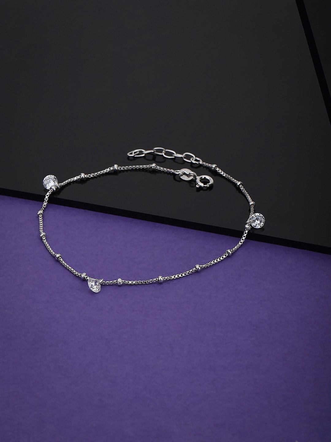 

VANBELLE 925 Sterling Silver Rhodium-Plated White Stone Studded Anklet