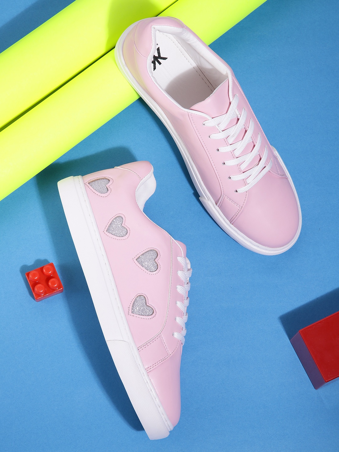 

Kook N Keech Women Pink & Silver-Toned Shimmer Heart Cut-Out Sneakers