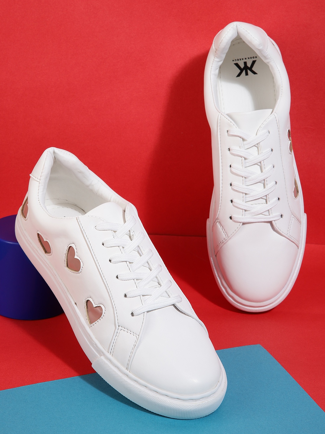

Kook N Keech Women White & Dusty Pink Heart Cut-Out Sneakers