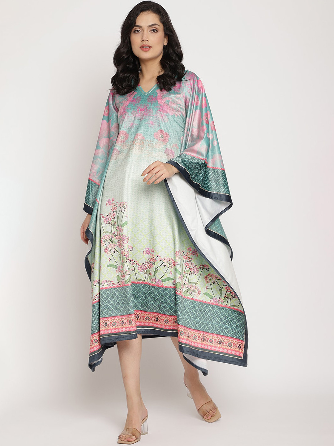 

Ahalyaa Sea Green & Pink Floral Velvet Kaftan Midi Dress