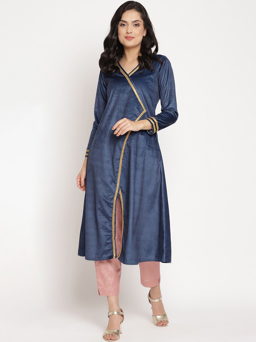

Ahalyaa Women Navy Blue Angrakha Gotta Patti Velvet Kurta with Trousers