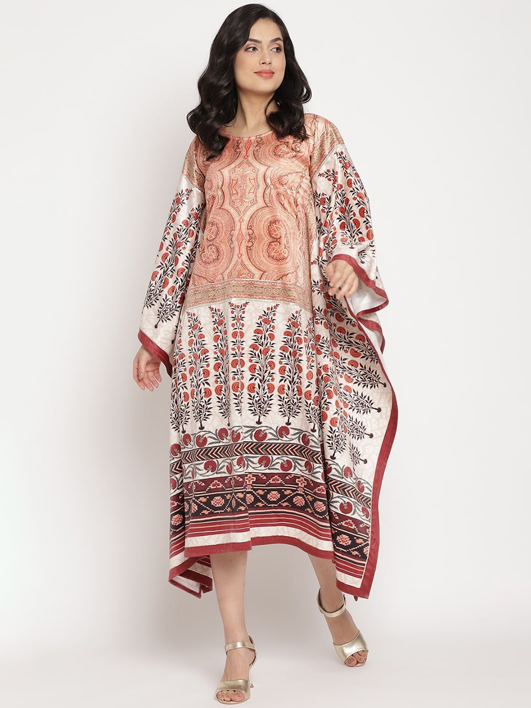 

Ahalyaa Beige & White Ethnic Motifs Kaftan Velvet Midi Dress