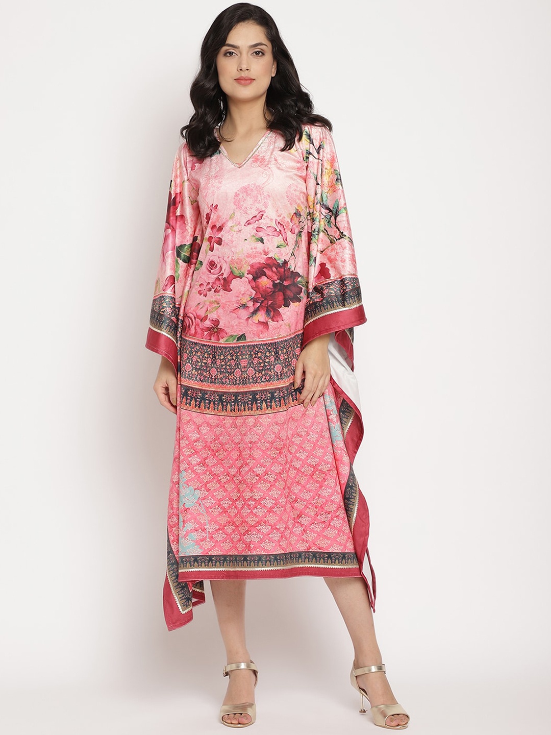 

Ahalyaa Pink Floral Kaftan Midi Dress