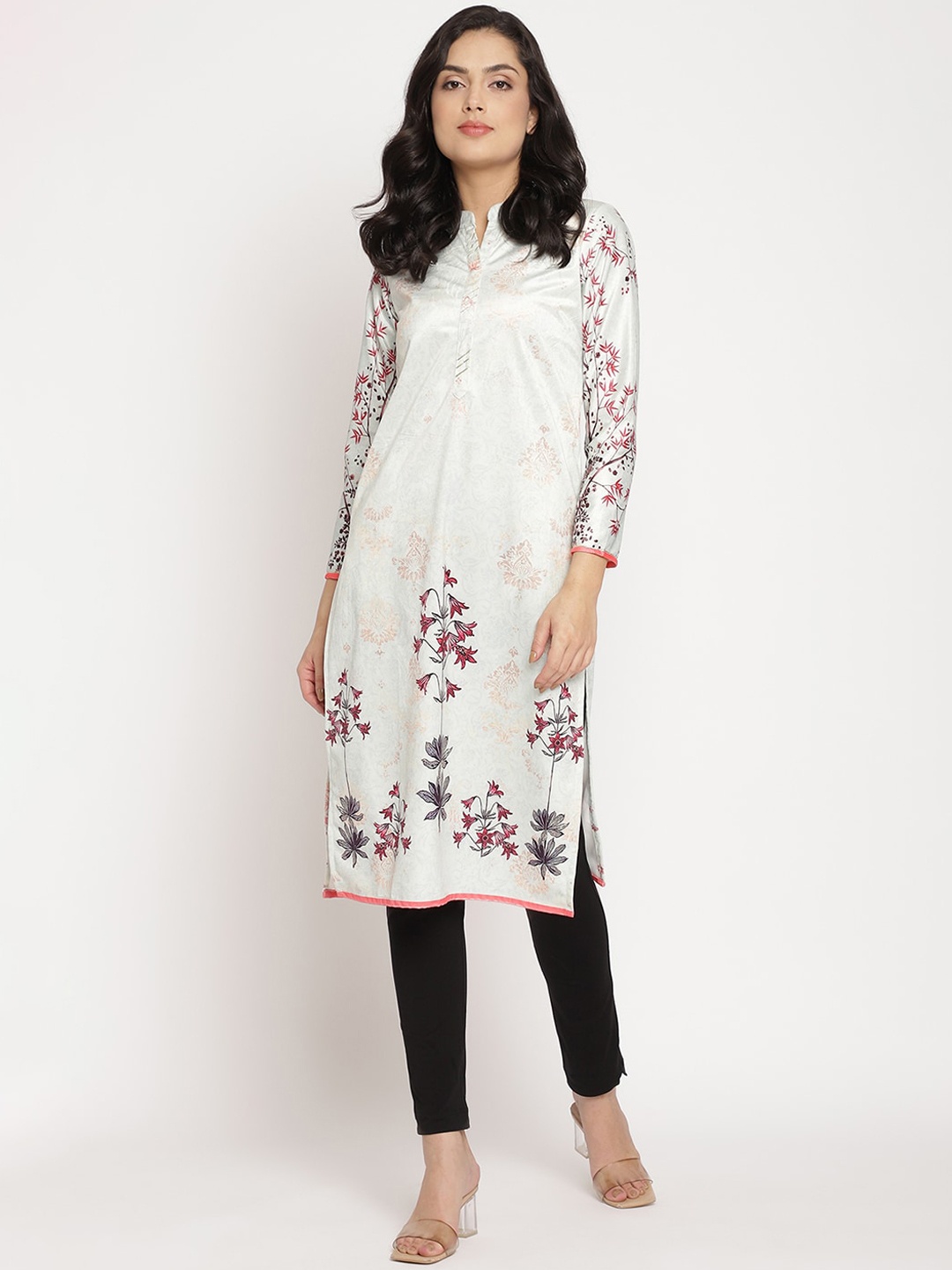 

Ahalyaa Women White & Pink Floral Printed Straight Kurta