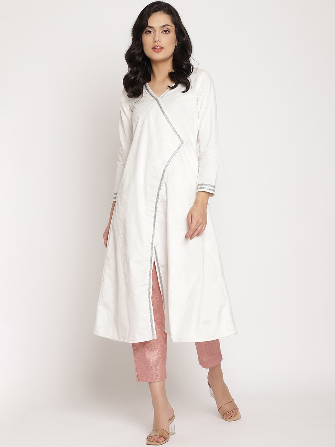 

Ahalyaa Women White & Peach-Coloured Angrakha Gotta Patti Velvet Kurta with Trousers