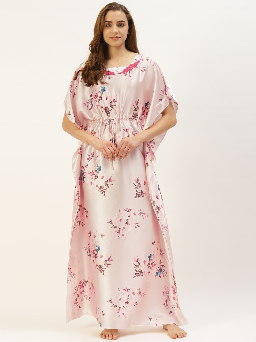 

Sweet Dreams Peach-Coloured & Pink Floral Print Maxi Kaftan Nightdress