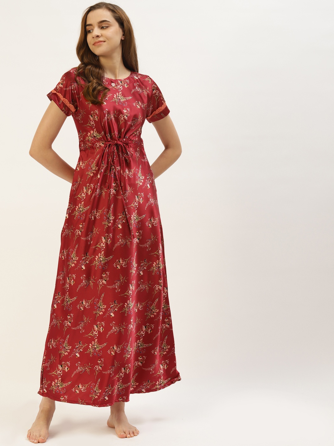 

Sweet Dreams Maroon Floral Print Waist Tie-Ups Maxi Nightdress